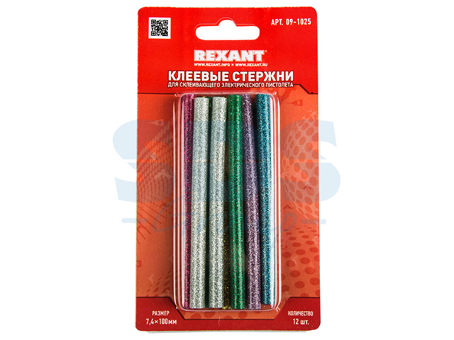Стержни клеевые d=7,4 мм, L=100 мм, цветные с блестками (упак. 12 шт.) (блистер) REXANT Стержни клеевые d=7,4 мм, L=100 мм, цветные с блестками (упак. 12 шт.) (блистер) REXANT