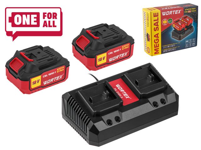 Набор аккумулятор 2х4 А*ч и зарядное устройство 2х2 А WORTEX ALL1 XLT в кор. SET (18.0 В, 2x4.0 А*ч, индикатор заряда, обрезиненный корпус, зарядное: Набор аккумулятор 2х4 А*ч и зарядное устройство 2х2 А WORTEX ALL1 XLT в кор. SET (18.0 В, 2x4.0 А*ч, индикатор заряда, обрезиненный корпус, зарядное: