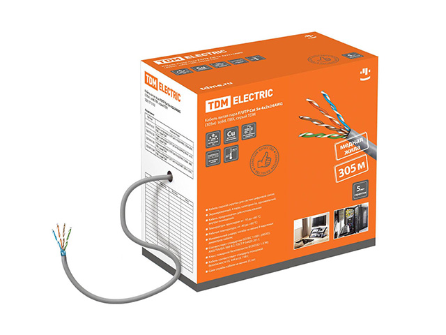 Кабель витая пара F/UTP Cat 5e 4х2х24AWG (305м) solid, ПВХ, серый TDM Кабель витая пара F/UTP Cat 5e 4х2х24AWG (305м) solid, ПВХ, серый TDM
