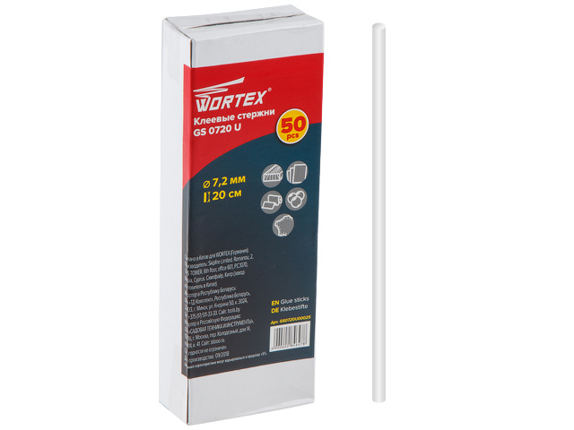 Клеевые стержни WORTEX GS 0720 U (PVC универсальный, 7,2*200мм, 50шт, коробка) (PVC универсальный) Клеевые стержни WORTEX GS 0720 U (PVC универсальный, 7,2*200мм, 50шт, коробка) (PVC универсальный)
