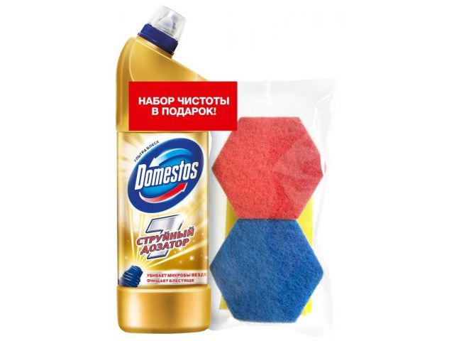 Средство чистящее для мытья туалета Ультра блеск 500 мл Domestos + набор губок 3шт. Средство чистящее для мытья туалета Ультра блеск 500 мл Domestos + набор губок 3шт.